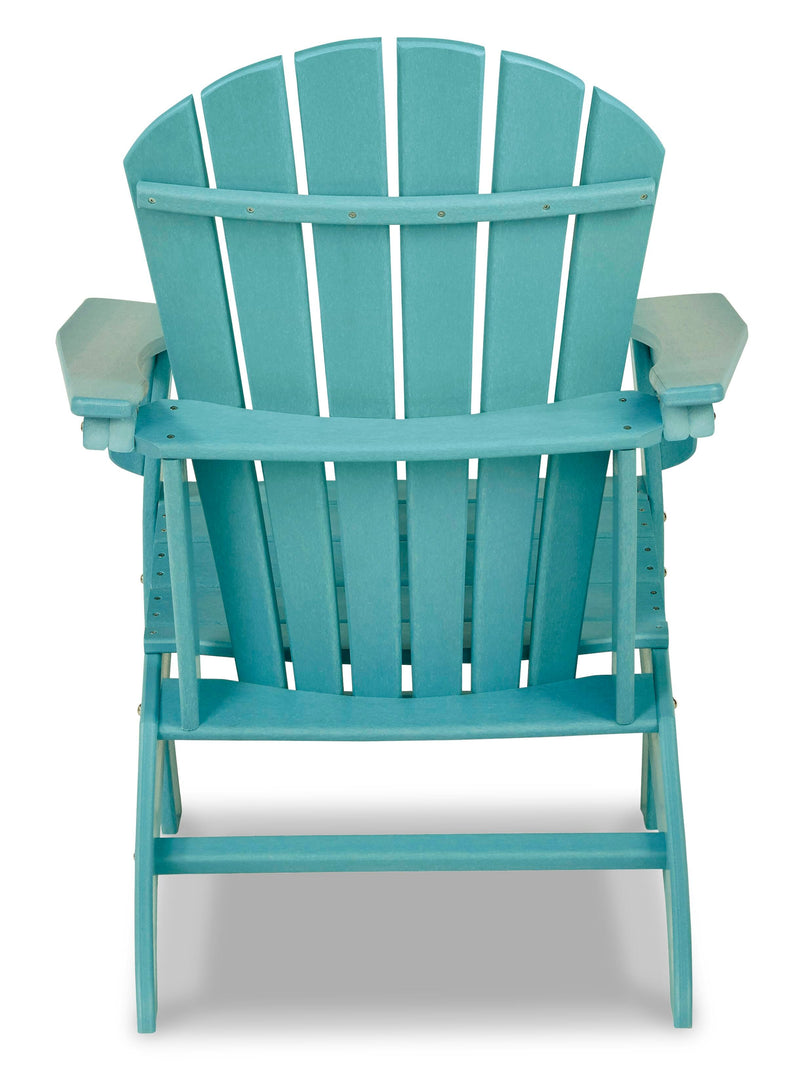 Ashley Furniture Sundown Treasure outdoor seating set with a table and chairs, shown from the back view, in a cozy outdoor setting.