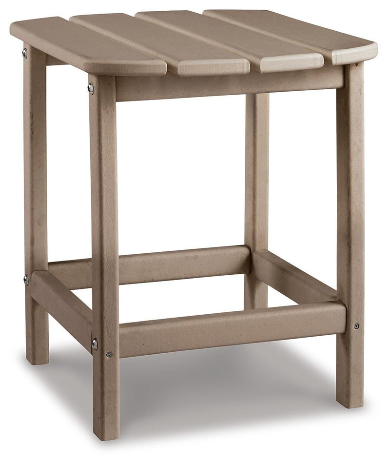 Ashley Furniture Sundown Treasure outdoor seating set with table and chairs, featuring woven design and cushions for outdoor leisure.