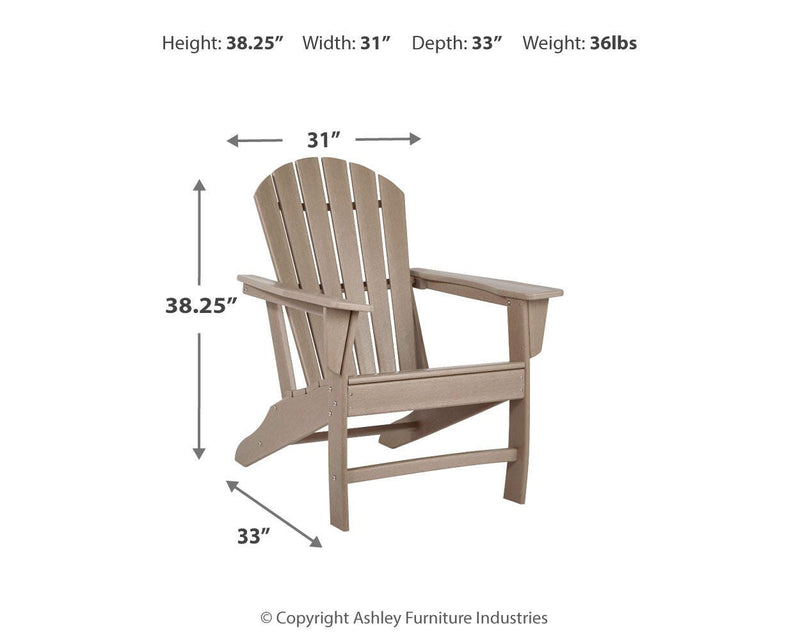 Ashley Furniture Sundown Treasure outdoor table set with a wooden table and matching chairs, perfect for outdoor dining.