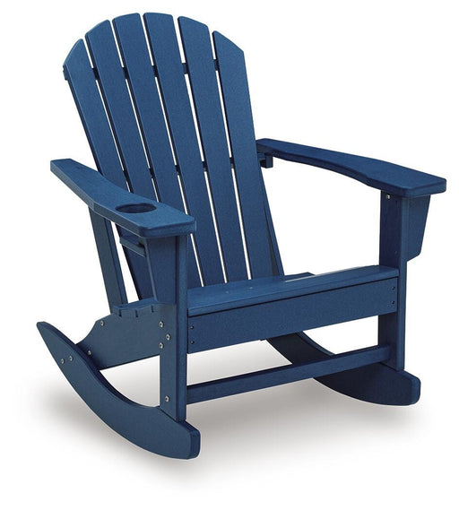 Outdoor rocking chair from Sundown Shores collection by Ashley Furniture, featuring a wooden frame and woven seat for outdoor relaxation.