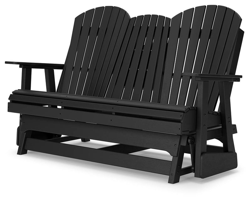 Outdoor loveseat by Ashley Furniture featuring a Hyland Wave design, with plush cushions and a sturdy metal frame for outdoor relaxation.