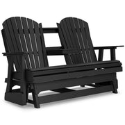 Ashley Furniture Hyland Wave outdoor loveseat glider, shown from an angled open perspective, featuring a comfortable cushioned seating area.
