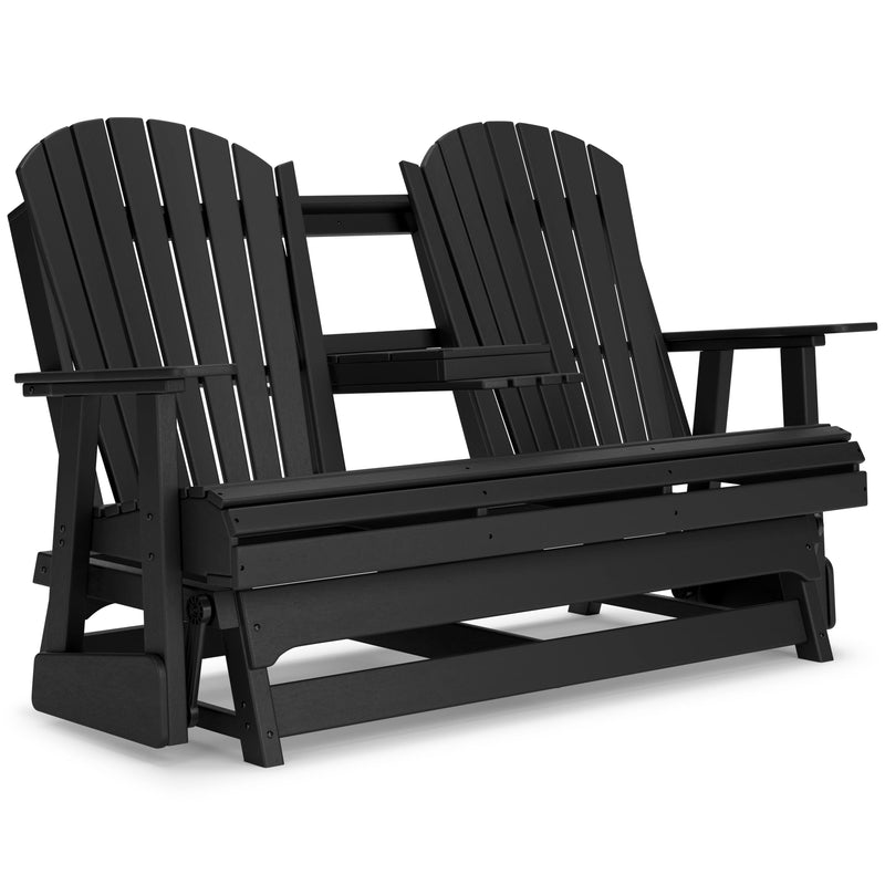 Ashley Furniture Hyland Wave outdoor loveseat glider, shown from an angled open perspective, featuring a comfortable cushioned seating area.
