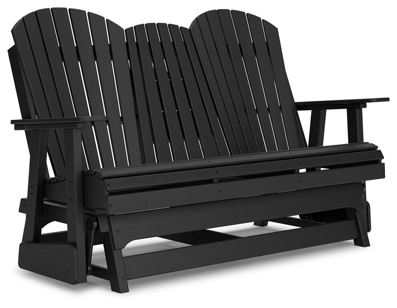 Ashley Furniture Hyland Wave outdoor glider loveseat with cushioned seating and armrests, ideal for patio relaxation.