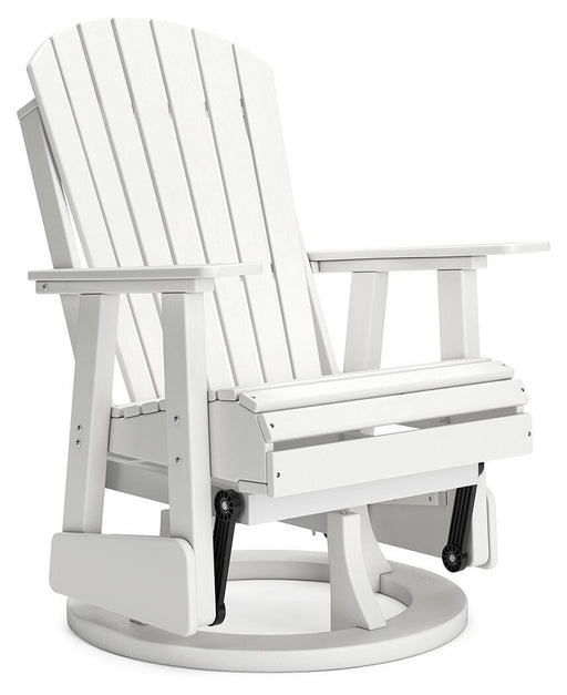 Ashley Furniture Hyland Wave Outdoor Swivel Glider Chair with cushioned seat and backrest, designed for comfortable outdoor dining.