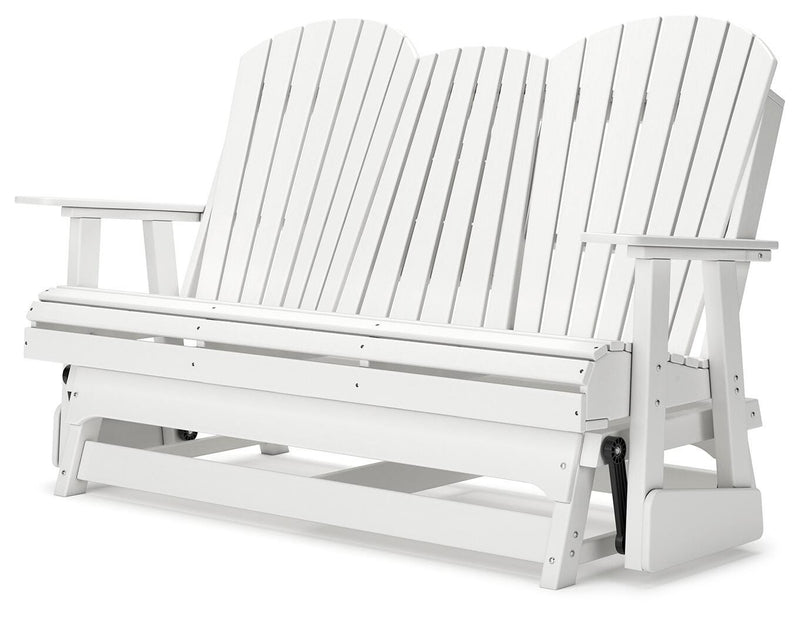 Ashley Furniture Hyland Wave outdoor loveseat glider with cushioned seating and curved armrests, perfect for patio relaxation.