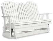Ashley Furniture Hyland Wave outdoor glider loveseat with cushioned seating and weather-resistant frame, shown from an angled view.