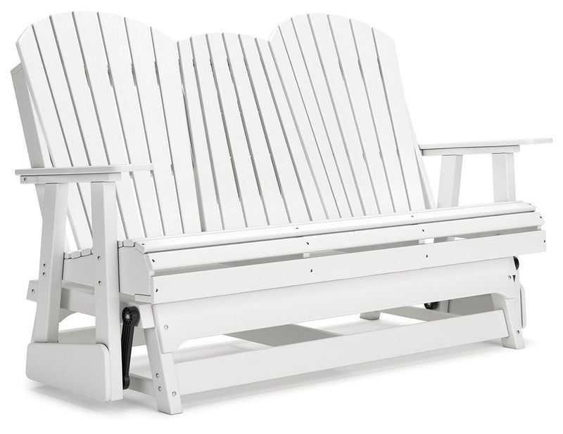 Ashley Furniture Hyland Wave outdoor glider loveseat with cushioned seating and weather-resistant frame, shown from an angled view.