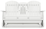 Ashley Furniture Hyland Wave outdoor glider loveseat with cushioned seating and armrests, perfect for patio relaxation.