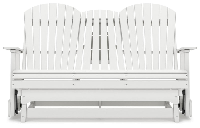 Ashley Furniture Hyland Wave outdoor glider loveseat with cushioned seating and armrests, perfect for patio relaxation.