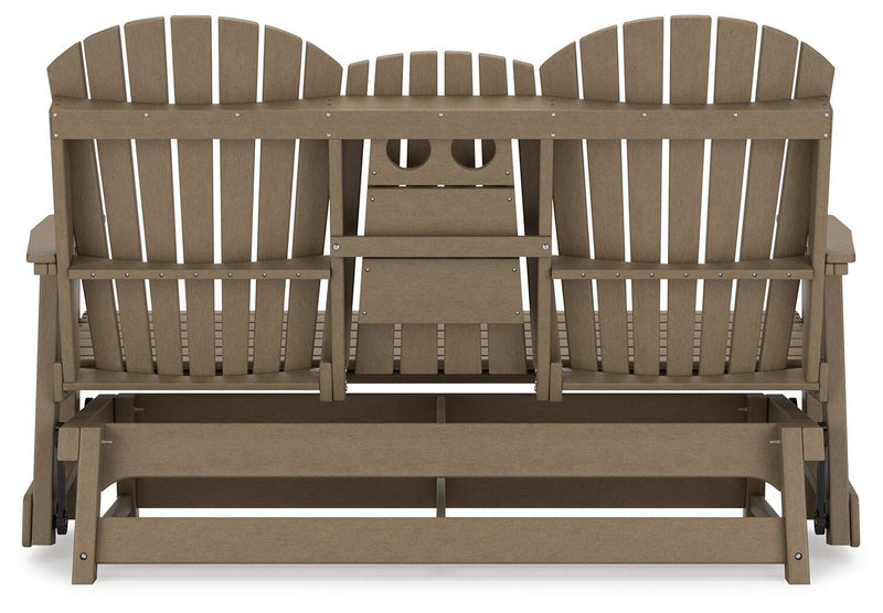 Ashley Furniture Hyland Wave outdoor glider loveseat with cushioned seating and a slatted backrest for outdoor relaxation.