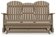 Ashley Furniture Hyland Wave outdoor glider loveseat with cushioned seats and armrests, perfect for outdoor relaxation.