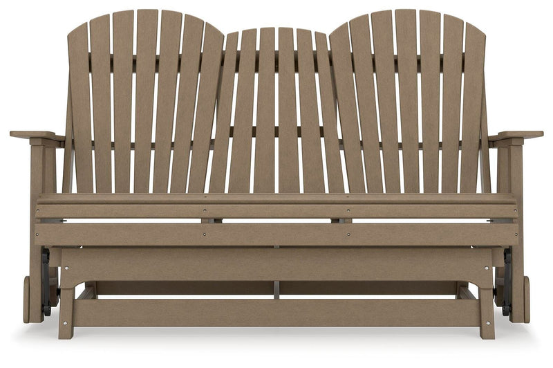 Ashley Furniture Hyland Wave outdoor glider loveseat with cushioned seats and armrests, perfect for outdoor relaxation.