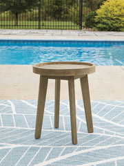 Ashley Furniture Marina Sun outdoor end table with slatted top and metal frame, perfect for patio or garden decor.