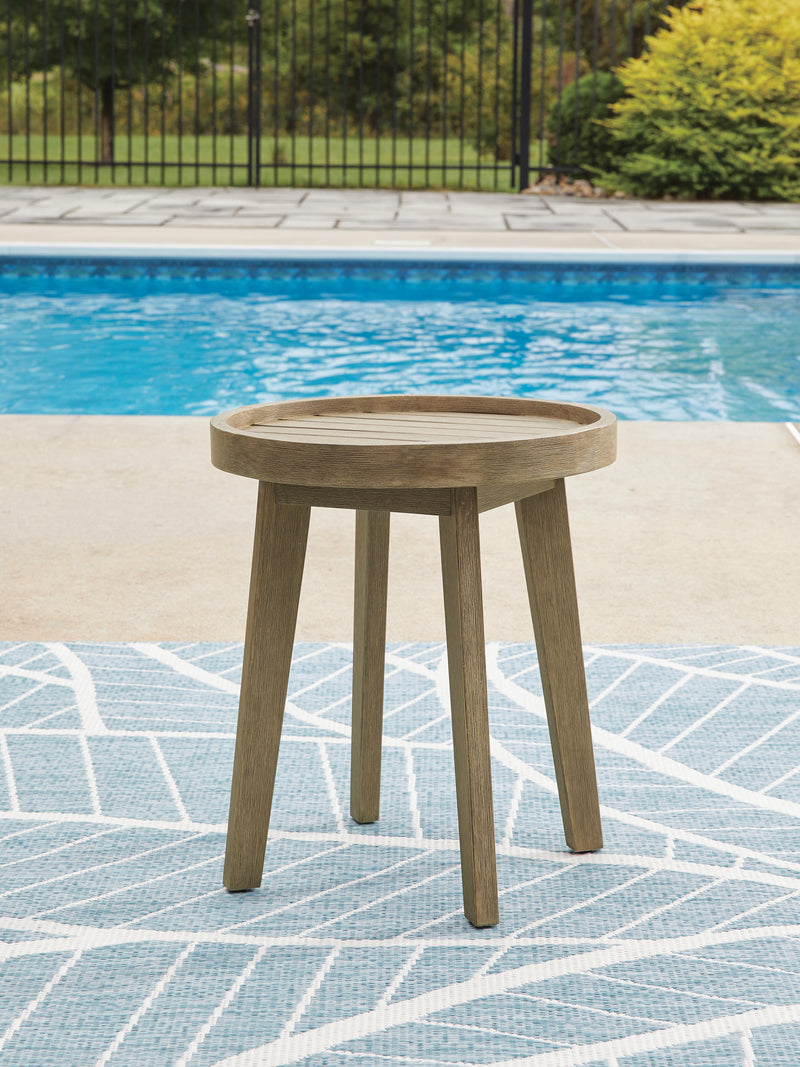 Ashley Furniture Marina Sun outdoor end table with slatted top and metal frame, perfect for patio or garden decor.