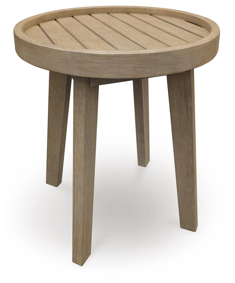 Ashley Furniture Marina Sun outdoor end table with a round wooden top and black metal legs, perfect for patio or garden use.