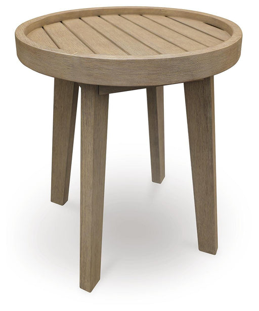 Ashley Furniture Marina Sun outdoor end table with a round wooden top and black metal legs, perfect for patio or garden use.