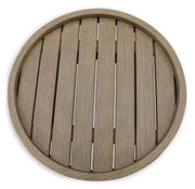 Ashley Furniture Marina Sun outdoor end table with a sleek wooden top and metal frame for patio or garden use.