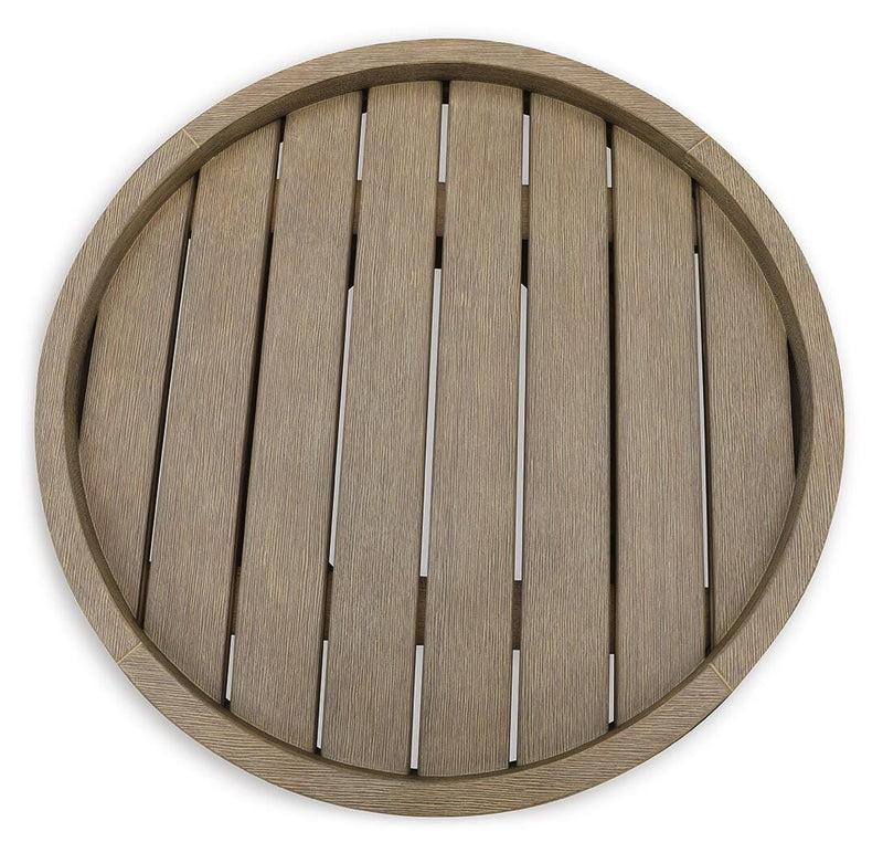 Ashley Furniture Marina Sun outdoor end table with a sleek wooden top and metal frame for patio or garden use.