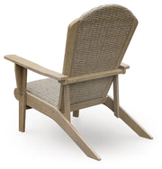 Ashley Furniture Marina Sun Adirondack Chair for outdoor seating, shown from the back in a natural wood finish.