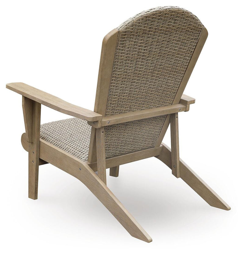Ashley Furniture Marina Sun Adirondack Chair for outdoor seating, shown from the back in a natural wood finish.