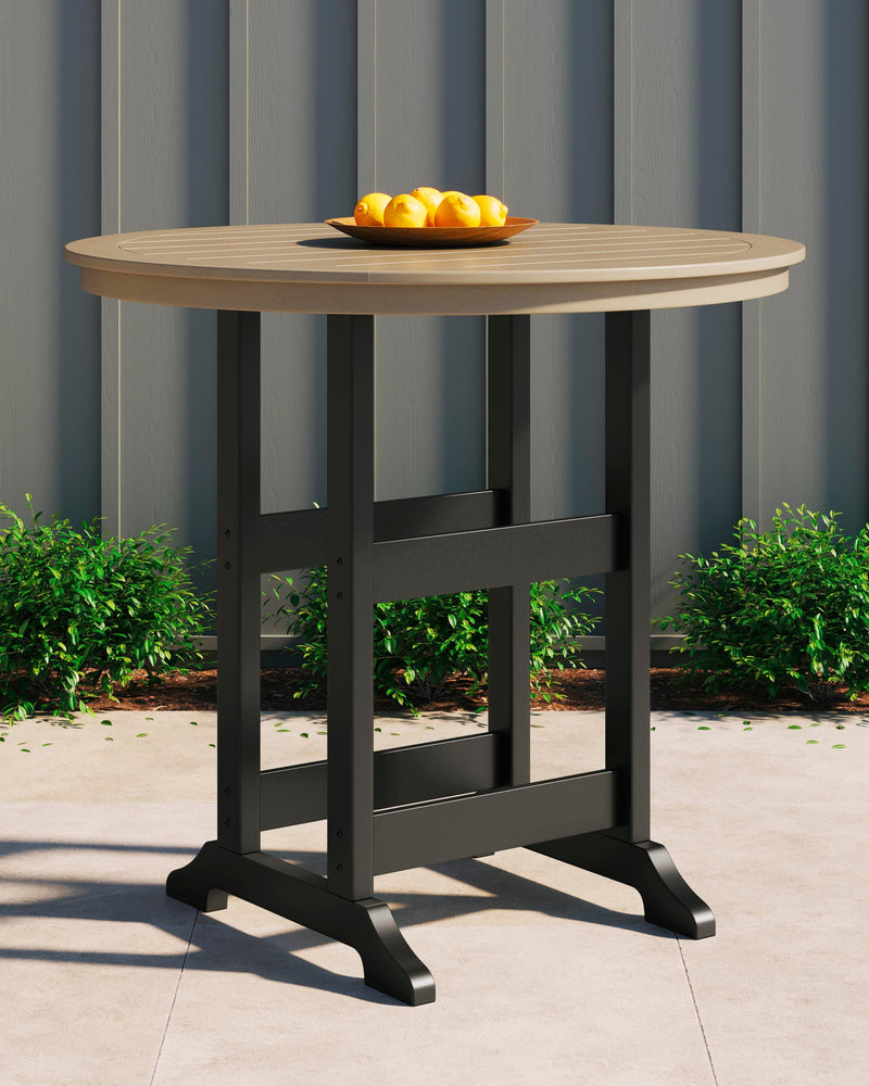 Fairen Trail outdoor pub table by Ashley Furniture with a wooden top and metal frame, ideal for patio or garden seating.