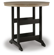 Ashley Furniture Fairen outdoor pub table with a round wooden top and metal frame, suitable for outdoor patio or garden space.