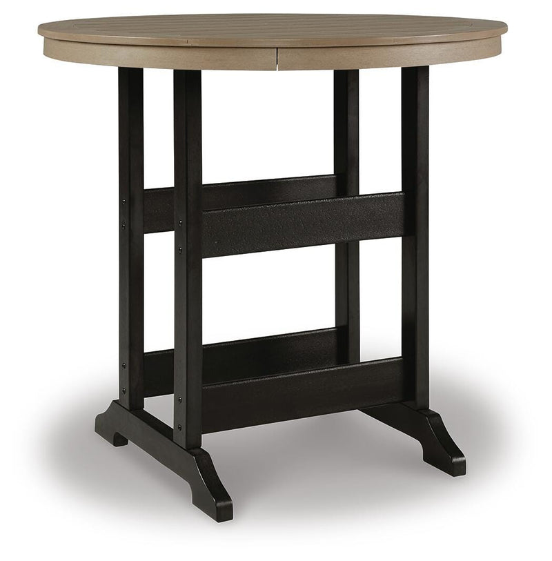 Ashley Furniture Fairen outdoor pub table with a round wooden top and metal frame, suitable for outdoor patio or garden space.