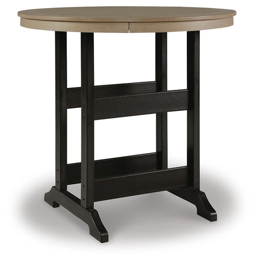 Ashley Furniture Fairen outdoor pub table with a round wooden top and metal frame, suitable for outdoor patio or garden space.