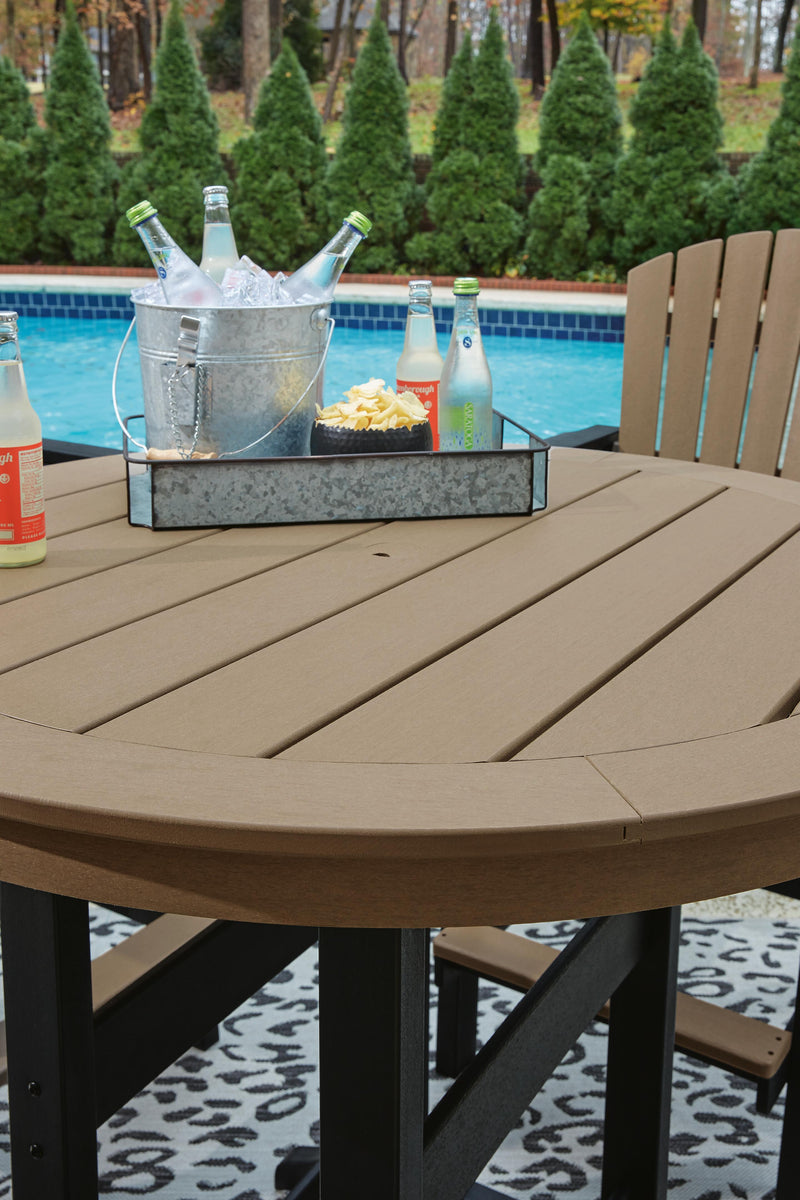 Ashley Furniture Fairen Trail outdoor pub table with a round wooden top and metal legs, ideal for patio or backyard seating.