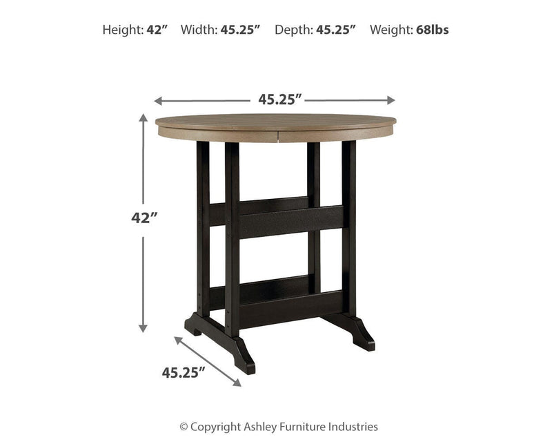 Outdoor pub table from Ashley Furniture's Fairen Trail collection with a round tabletop and sturdy legs.