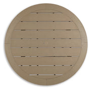Outdoor pub table by Ashley Furniture with a wooden top, perfect for outdoor trail or patio spaces.