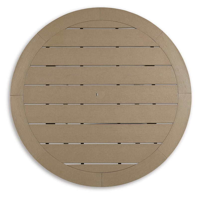 Outdoor pub table by Ashley Furniture with a wooden top, perfect for outdoor trail or patio spaces.