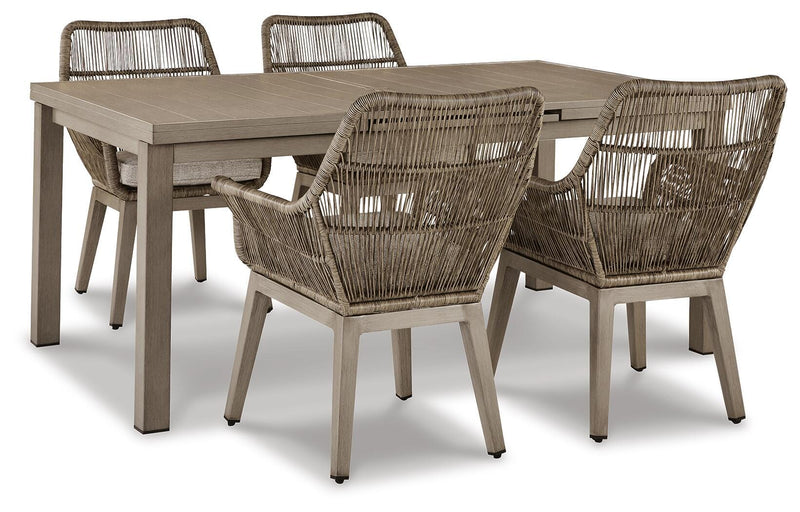 Outdoor dining set by Ashley Furniture featuring a beach front design with a table and chairs for outdoor gatherings.
