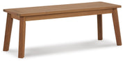 Outdoor dining bench by Ashley Furniture, Janiyah style, featuring wooden slats and sturdy metal frame for patio seating.