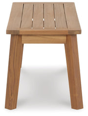 Outdoor dining bench by Ashley Furniture, Janiyah style, with wooden slats and metal frame, ideal for patio seating.