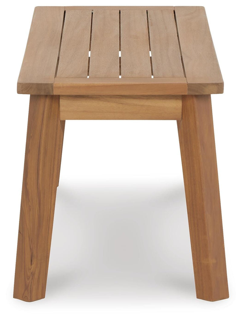Outdoor dining bench by Ashley Furniture, Janiyah style, with wooden slats and metal frame, ideal for patio seating.