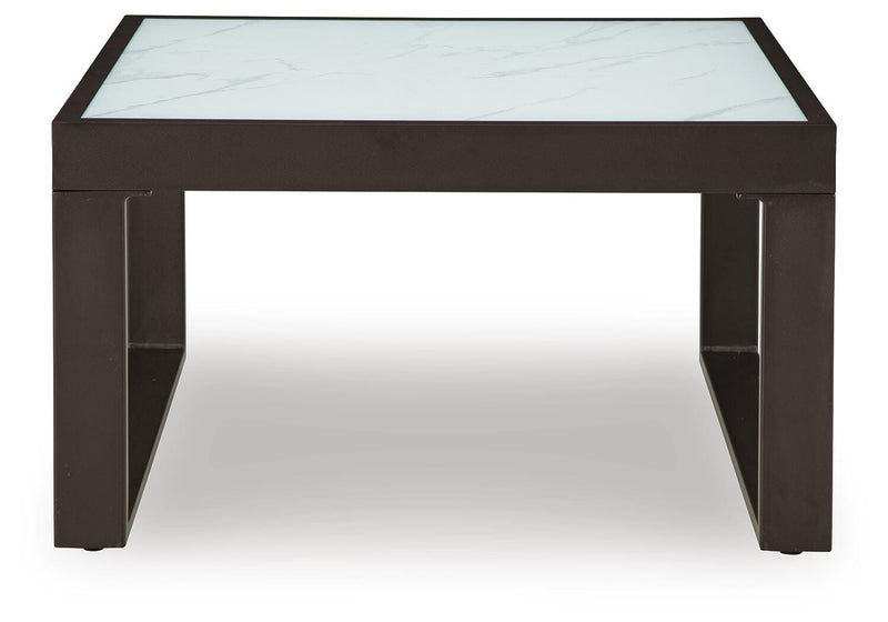 Outdoor Ashley Furniture Beachloft outdoor cocktail table with slatted wood top and sturdy metal frame, suited for patio or garden use.