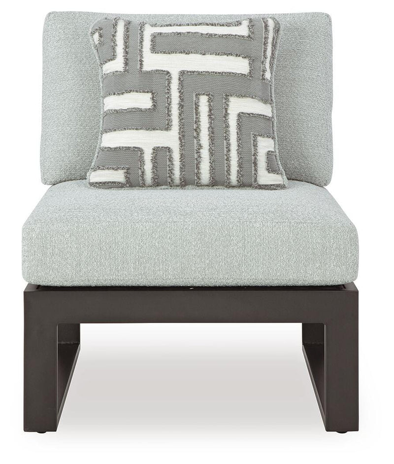 Ashley Furniture Beachloft outdoor sectional with plush cushions and modern design, shown from a front head-on view.