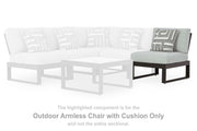 Outdoor sectional by Ashley Furniture with plush cushions and weather-resistant wicker, perfect for outdoor lounging and entertaining.