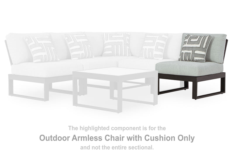 Outdoor sectional by Ashley Furniture with plush cushions and weather-resistant wicker, perfect for outdoor lounging and entertaining.