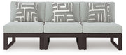 Ashley Furniture Beachloft outdoor sectional with beige cushions and woven rattan frame, perfect for patio lounging.