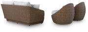 Outdoor double point seating set by Ashley Furniture with cushioned chairs and a central table, ideal for patio relaxation.
