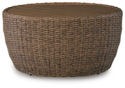 Double point outdoor seating set by Ashley Furniture with cushioned chairs and a matching table for patio relaxation.