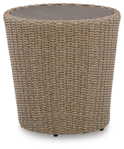 Ashley Furniture Danson outdoor end table with a slatted wooden top and sturdy metal frame, perfect for patio or garden decor.