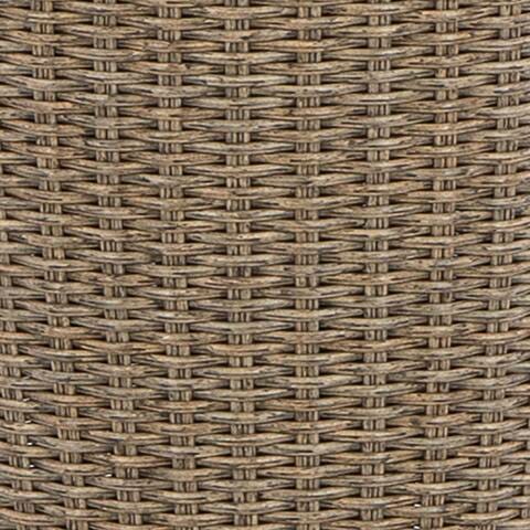 Ashley Furniture Danson outdoor end table with a woven rattan design and sturdy metal frame, perfect for patio or garden decor.
