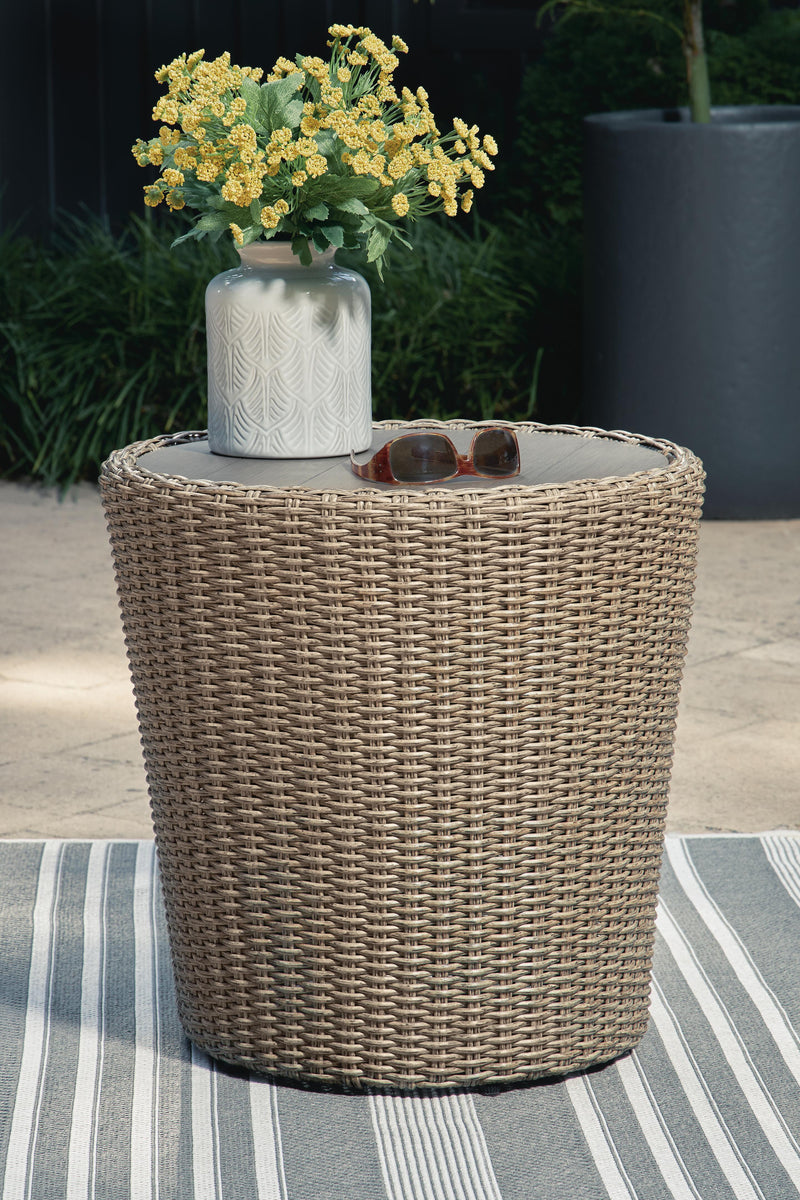 Ashley Furniture Danson outdoor end table with slatted design and sturdy frame, perfect for patio or garden settings.