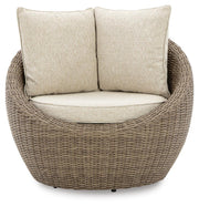 Two Ashley Furniture Danson swivel outdoor lounge chairs with cushions, shown from a head-on angle.