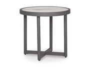 Ashley Furniture Ocean Beach outdoor end table with a woven rattan design and sturdy wooden legs, ideal for patio or garden.