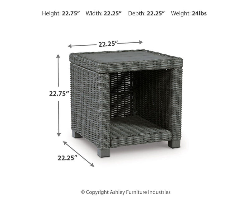 Outdoor end table from Ashley Furniture's Elite Park collection, featuring a durable design with a square top and stylish finish.